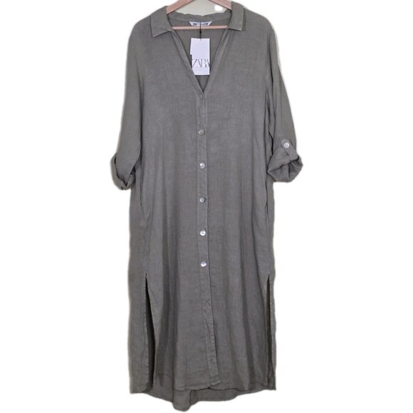 Zara Shirt Dress L Khaki Green Linen LS Roll Up Tab Slits Buttons Coastal Boho - Picture 2 of 16